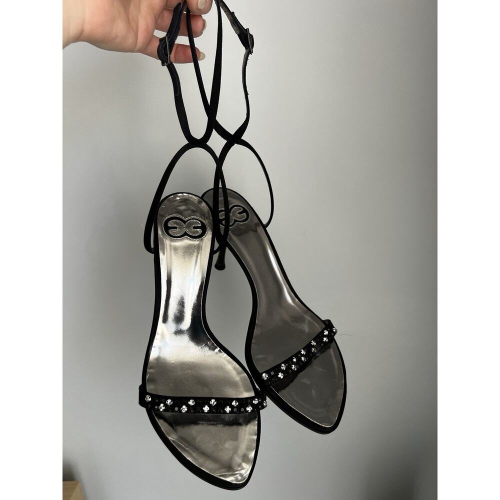 Escada black satin ankle strap sandal heel sz IT 36,5